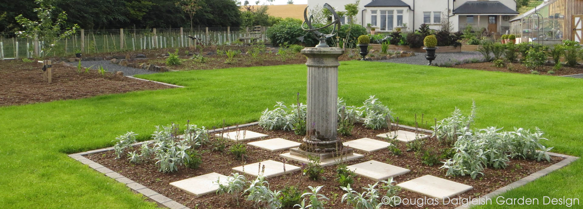 garden sundial in new lawn area